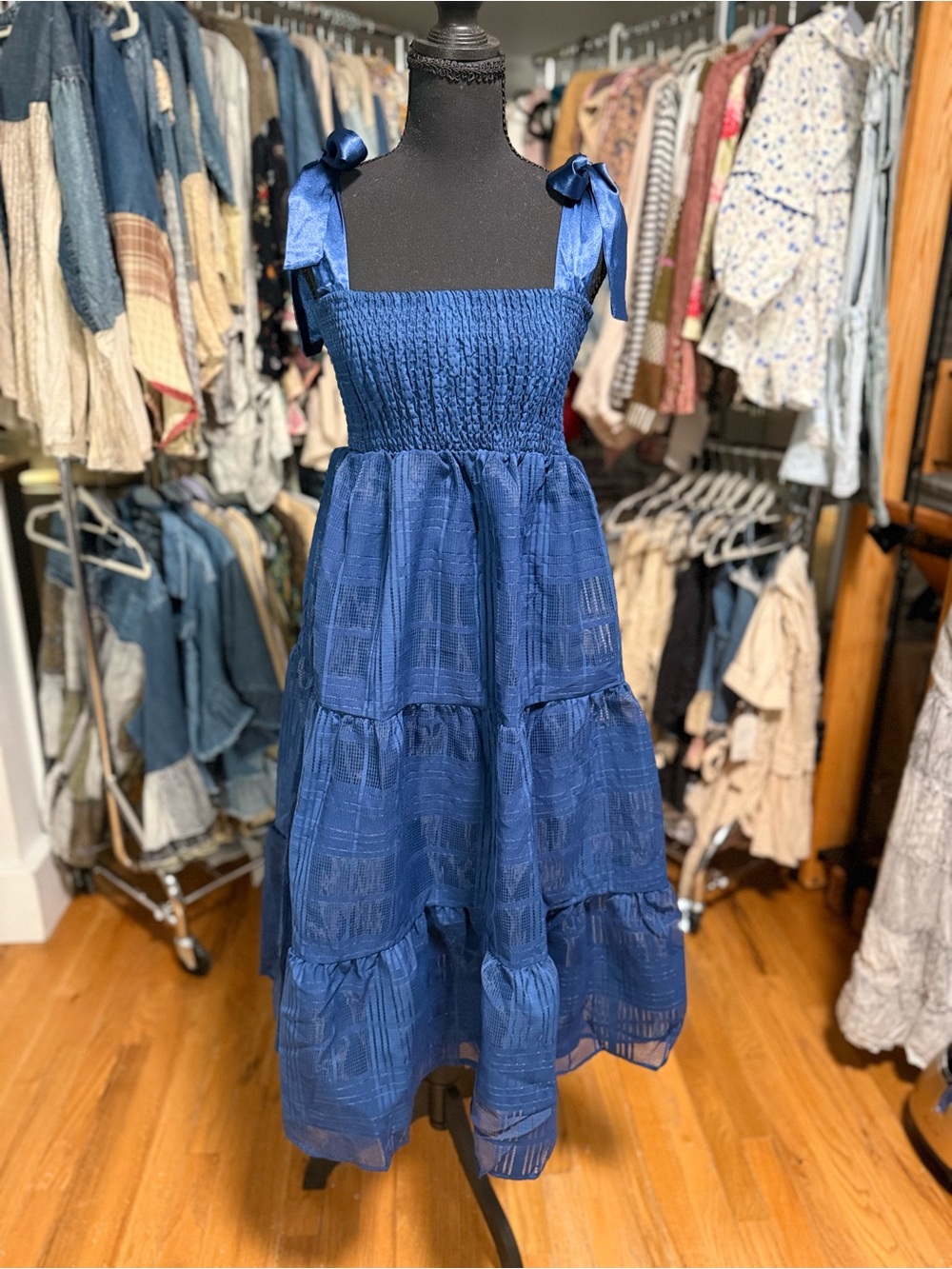 MEET ME IN SANTORINI Windowpane Jacquard Tie Strap Tiered Midi Dress Blue NWT